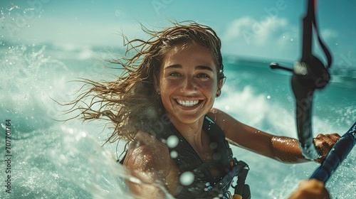 Portrait of a young happy woman doing kitesurfing photo
