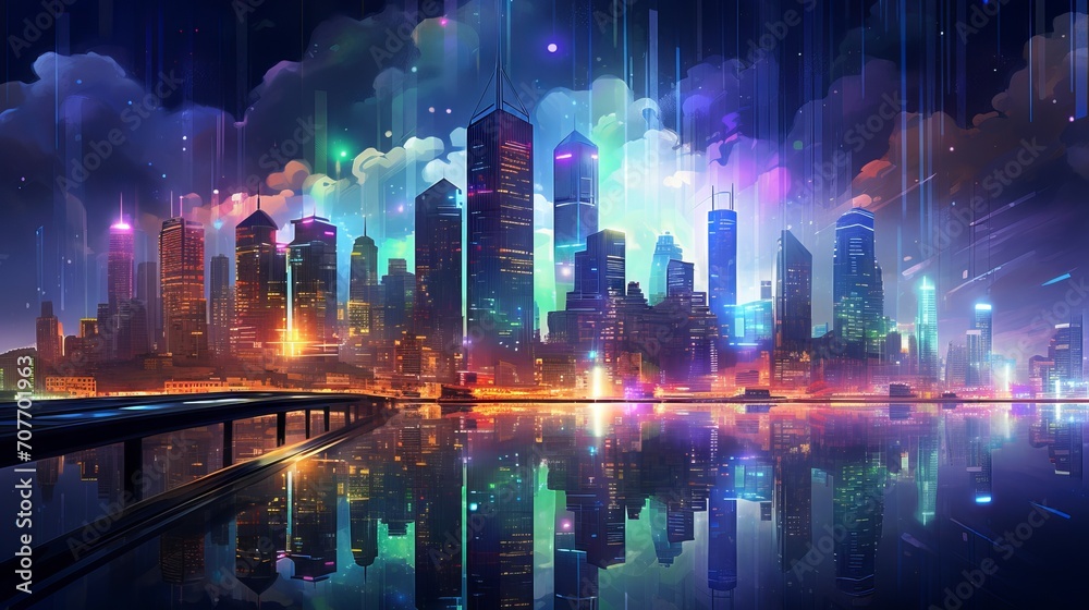 Digital painting of a cityscape with bright neon lights and dark sky at night