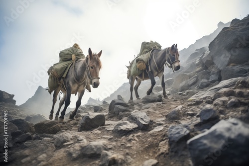 pack mules descending rocky terrain, dust settling on rocks © Natalia
