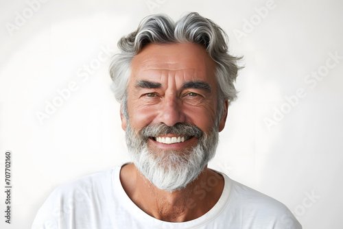 Mature old man close up portrait. Senior model man with grey hair laughing and smiling. Healthy face skin care beauty, dental.