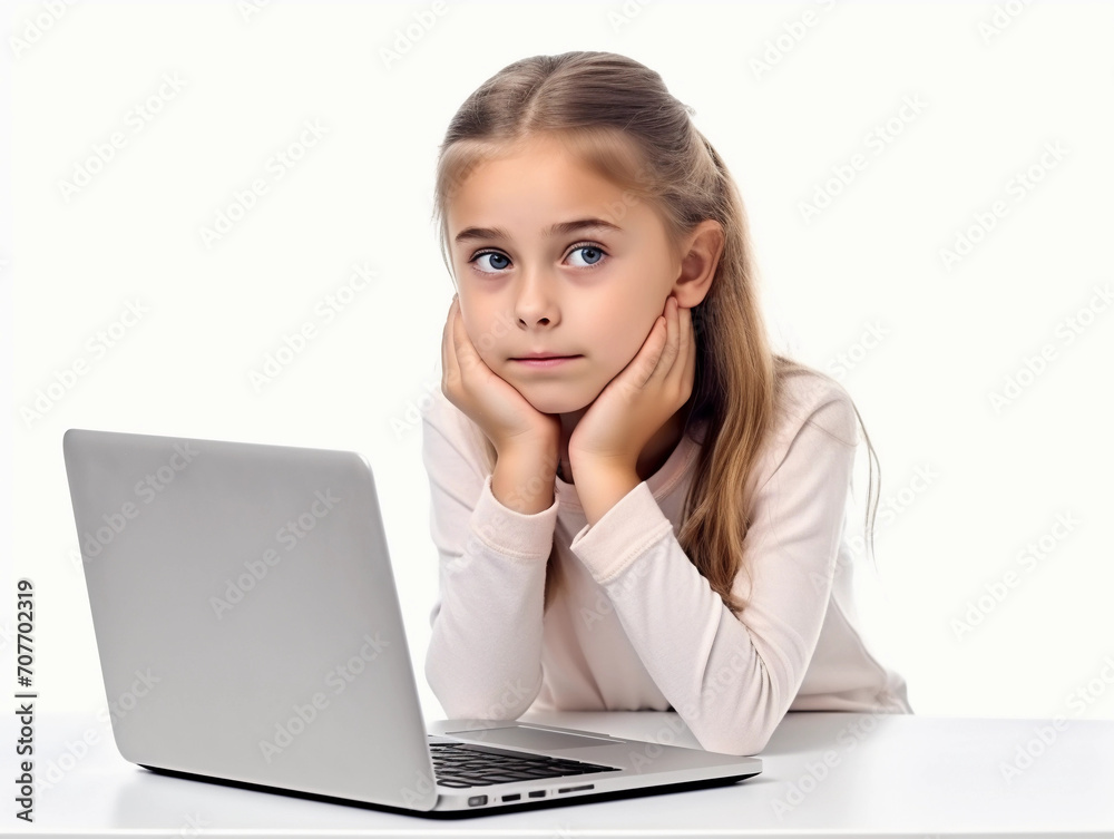 Small kid girl looking at laptop screen isolated on white background. Studying, distance education concept Small kid girl looking at laptop screen isolated on white background. Studying, distance education concept