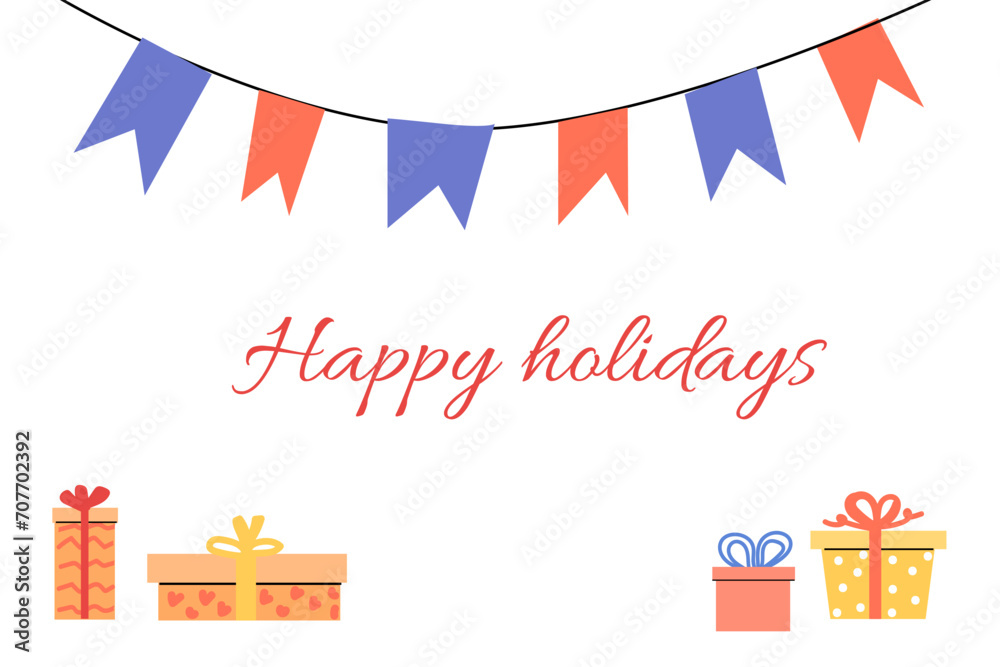 Happy holidays banner template with cartoon box. Vector illustration
