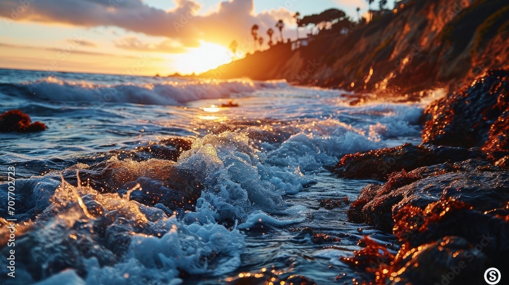The waves of the sea at sunset awaken delight
