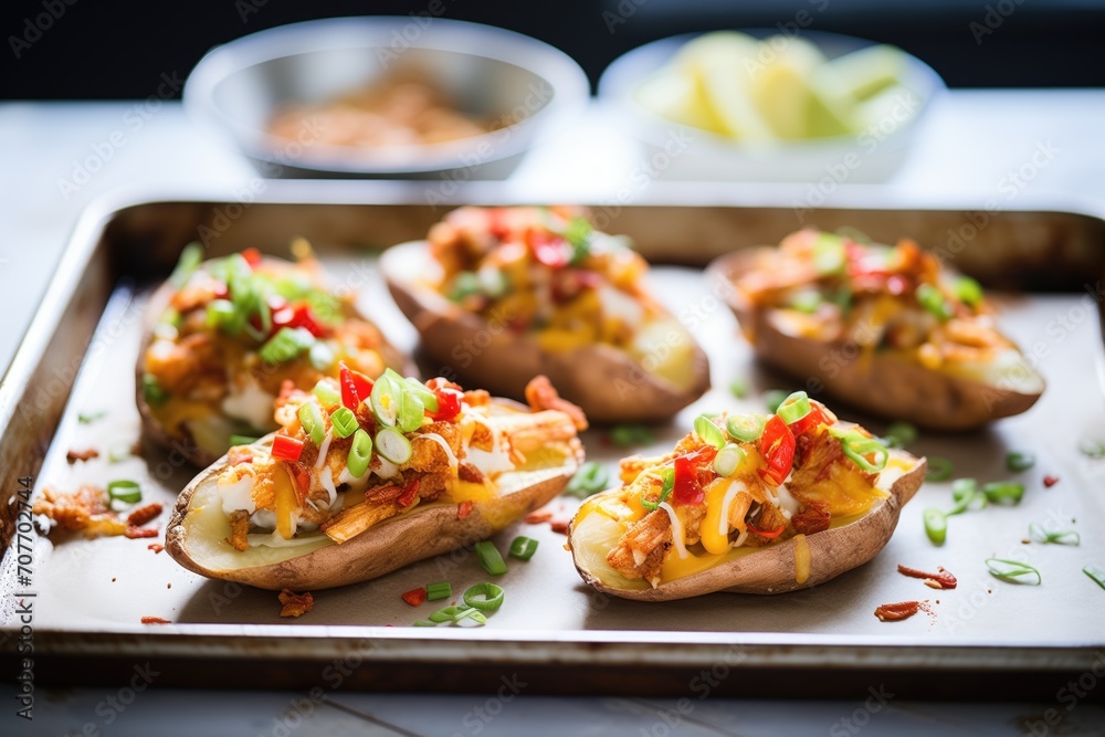 broiled potato skins with chili and cheese on a baking sheet broiled potato skins with chili and cheese on a baking sheet