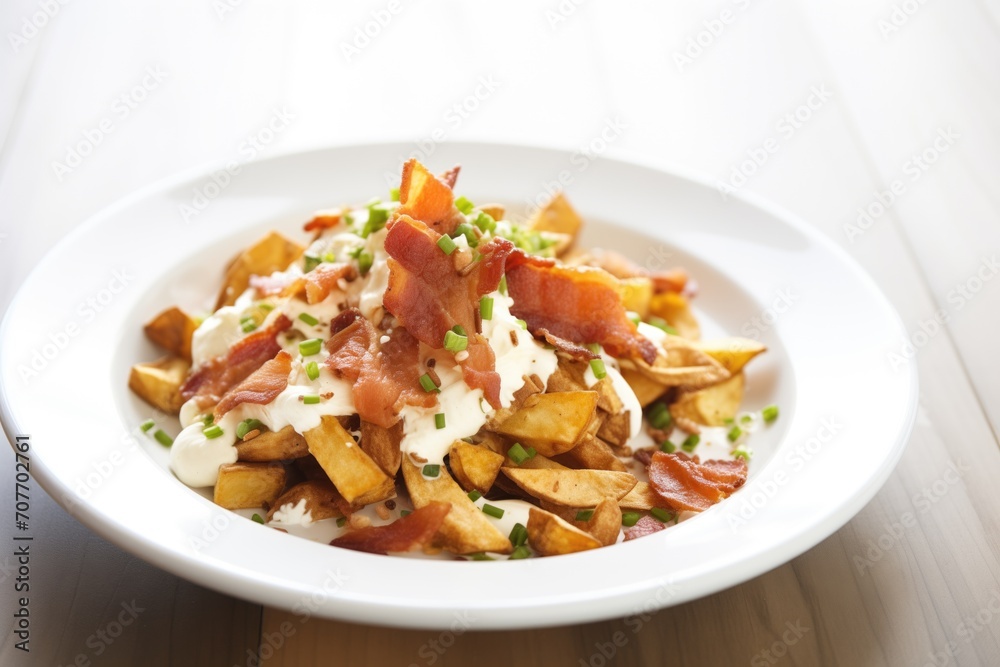 gourmet poutine with added bacon bits and sour cream