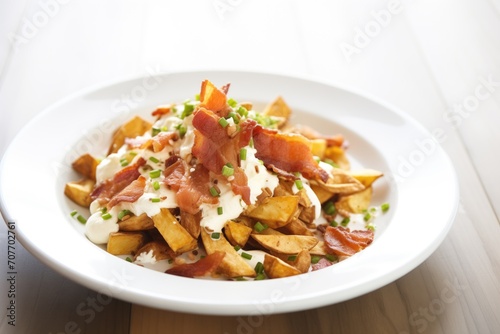 gourmet poutine with added bacon bits and sour cream