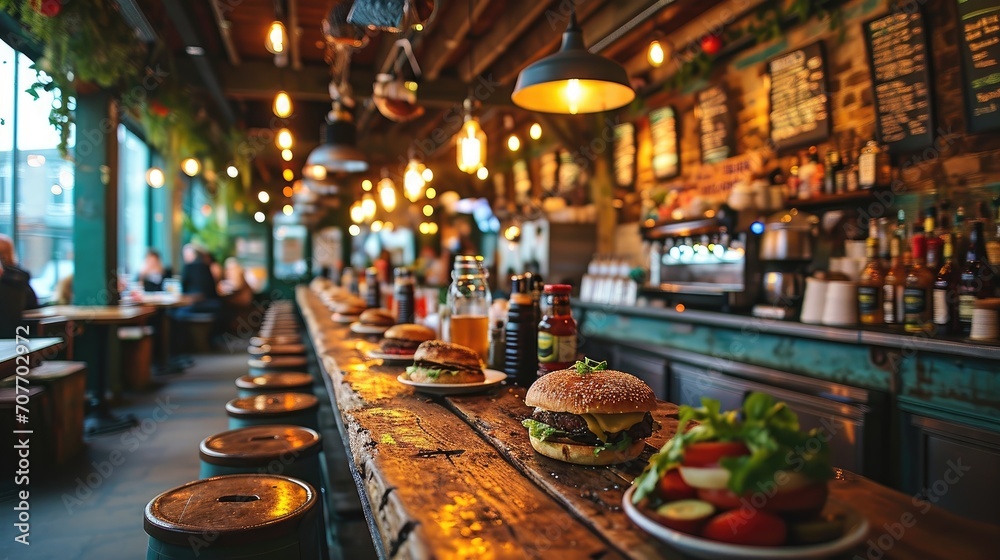 Mouth-watering burgers decorate the wooden bar counter