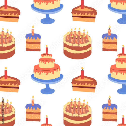 cartoon cakes desserts seamless pattern. Vector illustration on white background. Big cake on blue plate. 