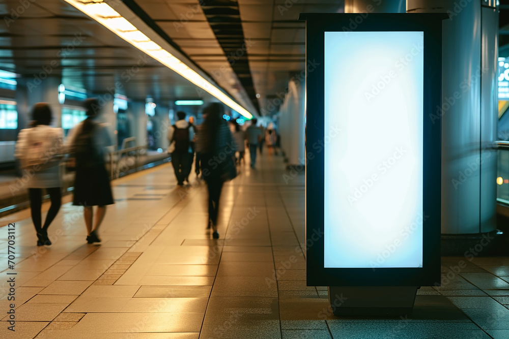 Blank Clean Screen or Signboard Mockup in Public Area: Perfect for Offers or Advertisement with People Walking By Created with generative AI tools Blank Clean Screen or Signboard Mockup in Public Area: Perfect for Offers or Advertisement with People Walking By Created with generative AI tools