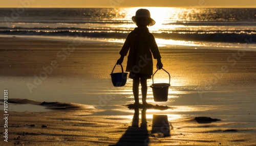 Dziecko trzymające wiaderka w rękach stoi na plaży oświetlone światłem zachodzącego słońca