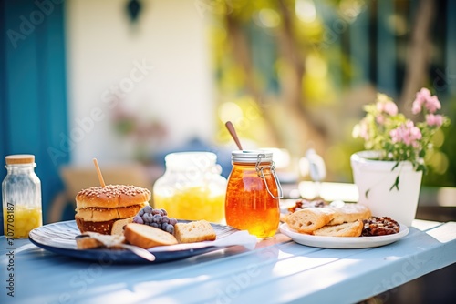 freshly baked bread and jams on an outdoor table