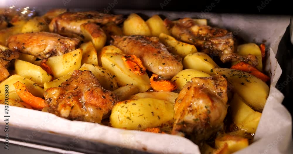 Baking chicken wings with potato wedges in the oven. Baked vegetables with meat. Cooking a delicious dinner. Video in Apple ProRes format. Baking chicken wings with potato wedges in the oven. Baked vegetables with meat. Cooking a delicious dinner. Video in Apple ProRes format.