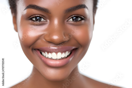 Young African American woman close up portrait. Model woman laughing and smiling. Healthy face skin care beauty, skincare cosmetics, dental.