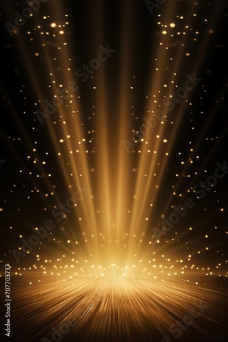 Spotlight with shiny light and particles. Glow backdrop design of spotlight and stage. Gold color rays. photo