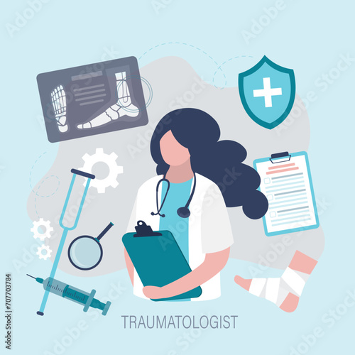 Traumatology medical healthcare, traumatologist doctor. Doctor examining x-ray of patient leg. Human bones and skeleton parts, x-ray, fixator and crutch,