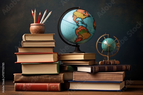 Stack of books,globe and pencils on a school table against a blackboard. Back to School Concept.