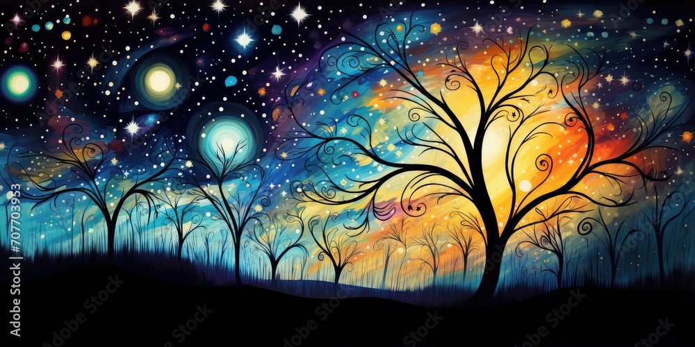 Illustration of fantasy landscape with trees, stars and full moon. for