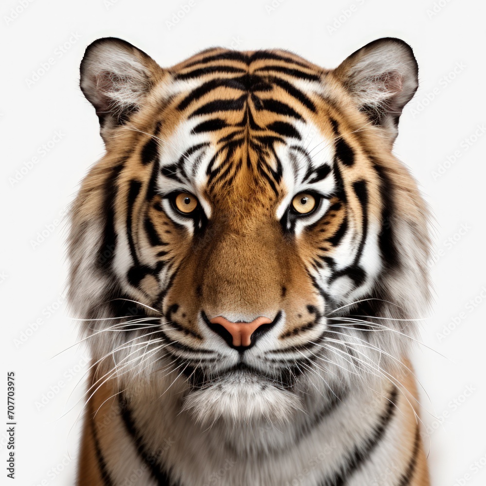 Tiger face, captured on a white background.