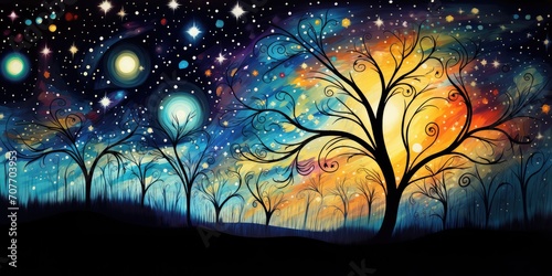 Illustration of fantasy landscape with trees, stars and full moon. for Tu BiShvat ( ט״ו בִּשְׁבָט‎), a Jewish holiday occurring on the 15th day of the Hebrew month of Shevat