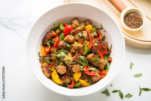 sausage and pepper mix in a white ceramic bowl