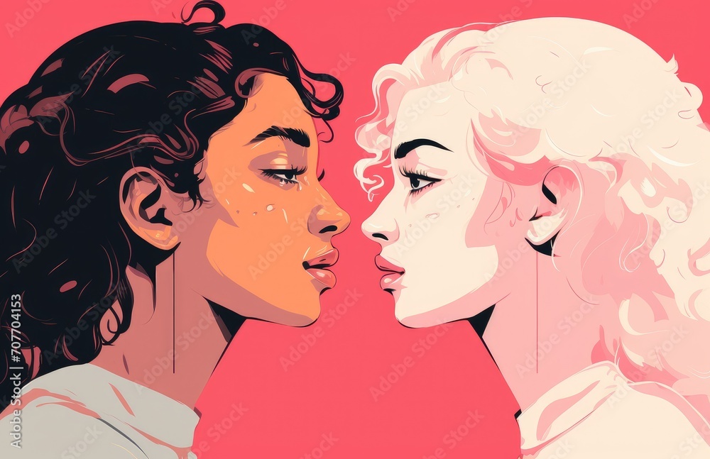 Lesbian pair, young women charmingly flirting, on a romantic date, embodying love, passion, and homosexuality. Generative AI