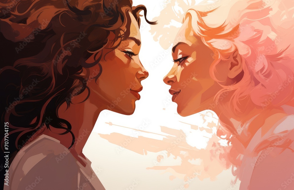 Lesbian pair, young women charmingly flirting, on a romantic date, embodying love, passion, and homosexuality. Generative AI Lesbian pair, young women charmingly flirting, on a romantic date, embodying love, passion, and homosexuality. Generative AI