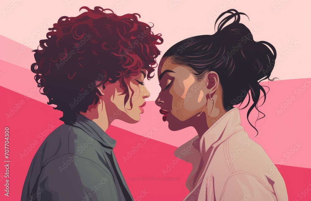 Lesbian pair, young women charmingly flirting, on a romantic date, embodying love, passion, and homosexuality. Generative AI