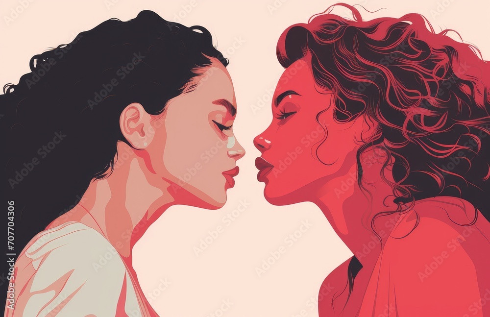 Lesbian pair, young women charmingly flirting, on a romantic date, embodying love, passion, and homosexuality. Generative AI