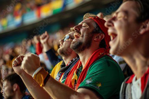 Fans from different countries gathered in a stadium, wearing their national team's colors and cheering enthusiastically during a European Football Championship match