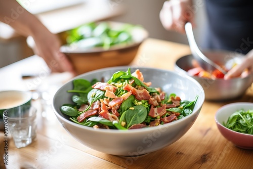 photo of spinach and bacon salad being plated from a mixing bowl