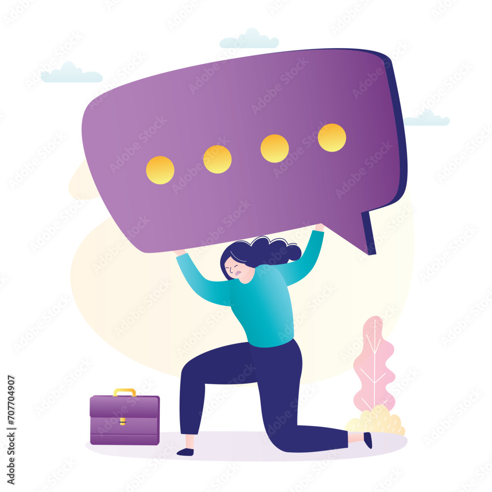 Αυτοκόλλητο Businesswoman try lift giant speech bubble