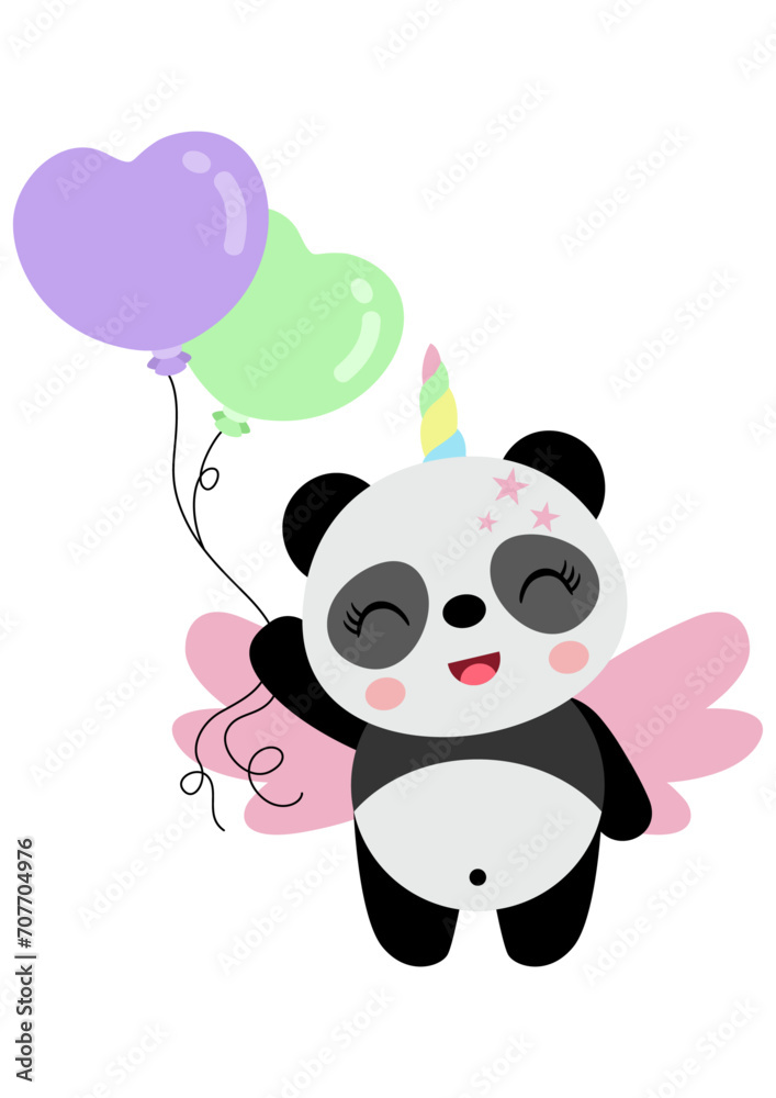 Obraz premium Cute happy unicorn panda holding balloons