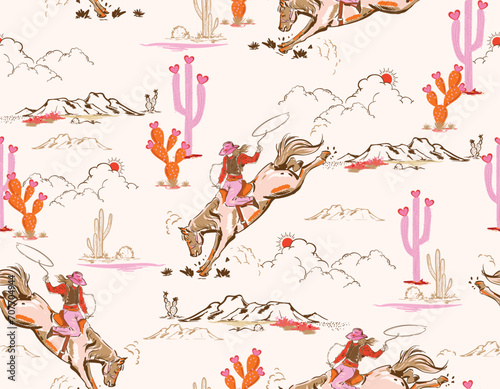 Cute Rodeo Cowgirl  seamless vector pattern. Howdy Cowboy boots, in desert  repeating background. Wild West surface pattern design Wild West surface photo