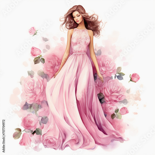 Young woman wearing a long evening dress made of rose flowers. Watercolor illustration of fashion and clothes. Spring concept 