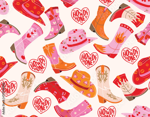 Cute Cowgirl  seamless vector pattern. Howdy Cowboy boots, hat, horseshoe repeating background. Wild West surface photo