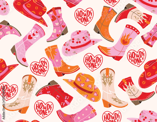 Cute Cowgirl seamless vector pattern. Howdy Cowboy boots, hat, horseshoe repeating background. Wild West surface