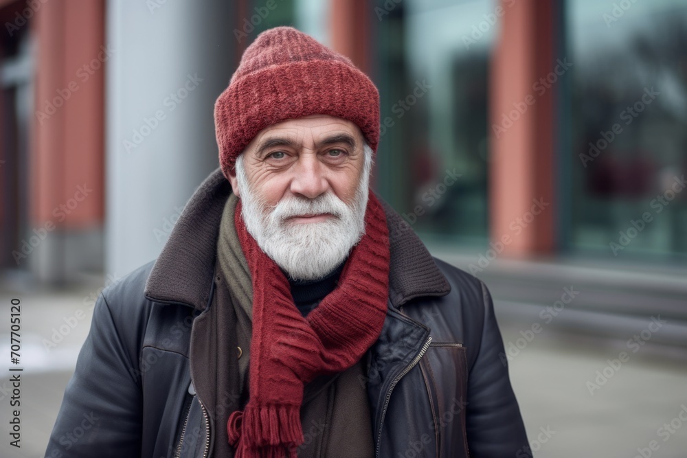 Portrait of a senior man with a gray beard wearing a red cap and scarf on the street