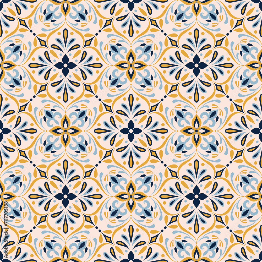 Seamless yellow and blue patchwork tile with Islam, Arabic, Indian, ottoman motifs. Ceramic tile in talavera style. Vector illustration.