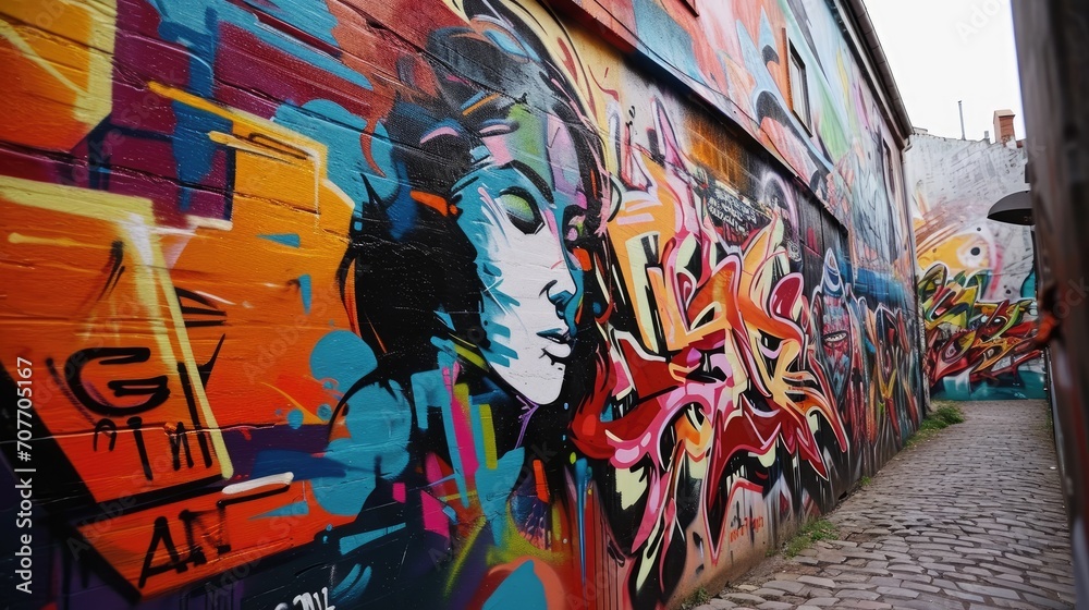 Graffiti on the walls of small streets: bright colors and street art