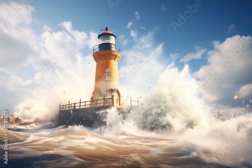 massive waves crashing against a coastal lighthouse