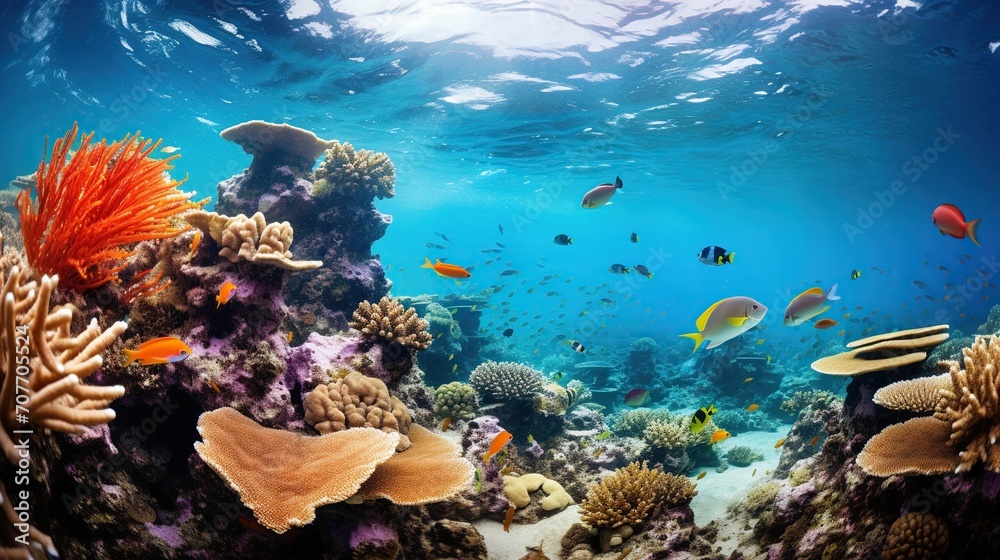 A breathtaking underwater landscape showcasing a vibrant coral reef bustling with marine life, from colorful fish to intricate corals, in a clear blue ocean.