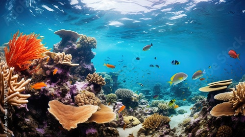 A breathtaking underwater landscape showcasing a vibrant coral reef bustling with marine life  from colorful fish to intricate corals  in a clear blue ocean.