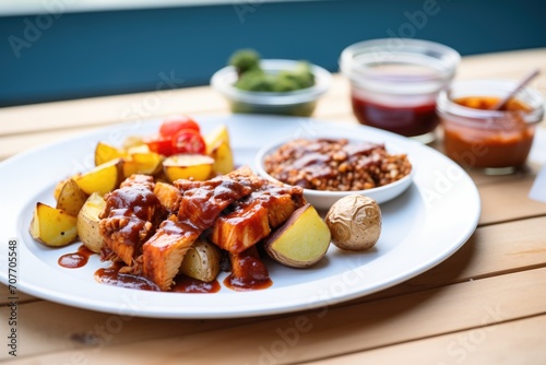 baked tempeh with bbq sauce and roasted potatoes