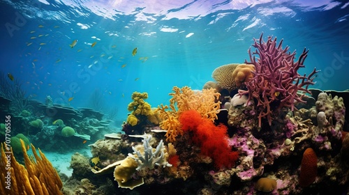 An expansive underwater scene of a coral reef rich in diversity, with an array of marine life swimming amongst the coral formations in the sunlit ocean.