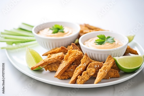 fried tempeh triangles on plate with spicy dip