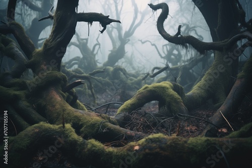 dark forest with fog and twisted trees