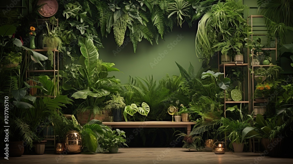 An indoor oasis featuring an array of houseplants with rich green foliage, creating a vibrant jungle atmosphere within a home environment.