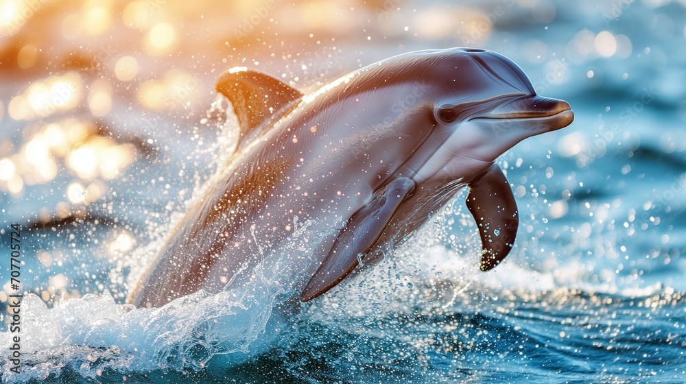Fototapeta premium A playful dolphin leaping gracefully from the ocean's surface, sparkling droplets of water cascading around it. Generative AI