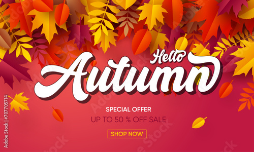 Autumn banner background layout decorate with autumn leaves and abstract background and hand draw autumn logo vector illustration