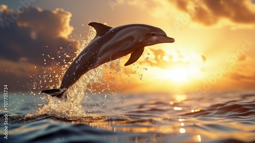 A playful dolphin leaping gracefully from the ocean's surface, sparkling droplets of water cascading around it. Generative AI © MAX AI
